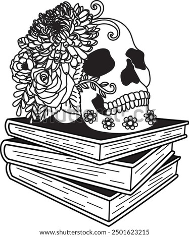 Flowers and skull book stacks with editable strokes. Vector illustration.