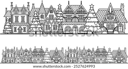 Hand drawn doodle repeatable Christmas in town in Europe, UK for bottom border decoration and so on. Vector Illustration.