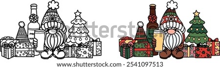 Cute groovy gnome holding a pint of beer standing next to Christmas tree and gift boxes. Editable stroke weight.Vector illustration.