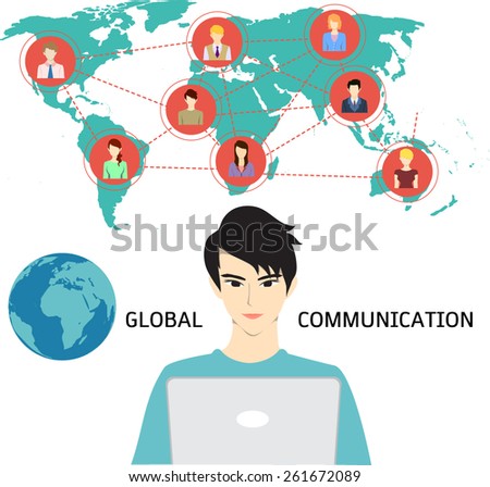 A man using internet to communicate with his friends, colleagues, alliances, family and etc. from anywhere. Global  communication.