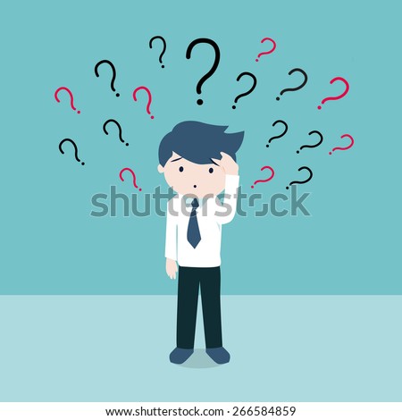 Confusing cute business man with question marks above his head.