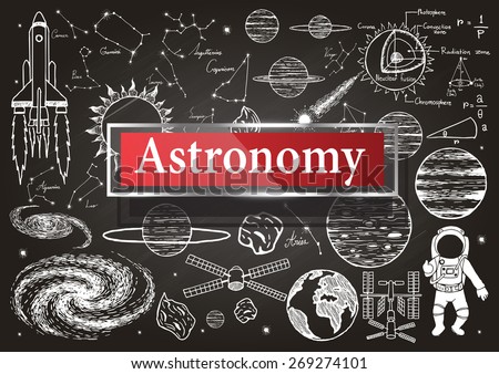 Doodles about astronomy on chalkboard with transparent frame with the word Astronomy.