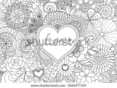 Heart On Flowers For Coloring Books Adult Or Valentines Card
