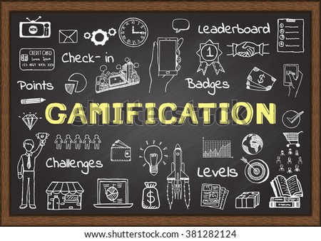 Hand drawn icons about gamification on chalkboard, marketing concept
