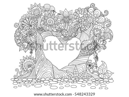 Flowers In Heart Shape On Floral Ground Line Art Design For Coloring Book Adult