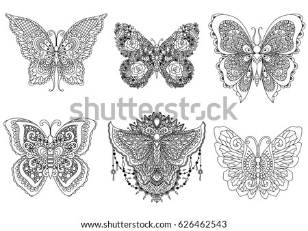 A Set Of Beautiful Unique Butterflies For Design Element And Adult Or Kids Coloring Book Page