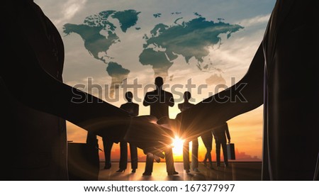 World business shake hand with teamwork silhouettes rendered with computer graphic 3d