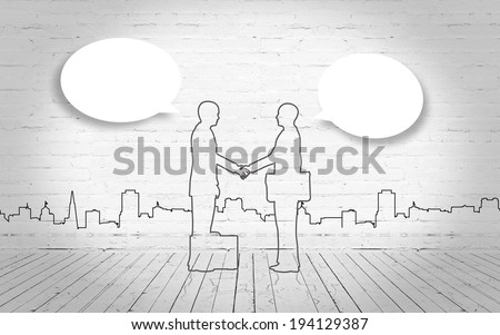 Two business man shake hand silhouettes city
