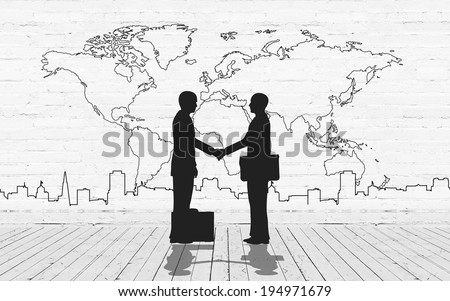 Two business man shake hand silhouettes city with world maps stroke