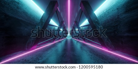 Modern Futuristic Sci Fi Spaceship Triangle Dark Empty Corridor With Door And Purple And Blue Neon Glowing Tube Lights Reflections Background 3D Rendering Illustration Stock fotó © 