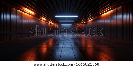 Sci Fi Futuristic Studio Stage Dark Room Underground Warehouse Garage Neon Led Laser Glowing Orange On Concrete Tiled Floor Reflective Cyber 3D Rendering Illustration