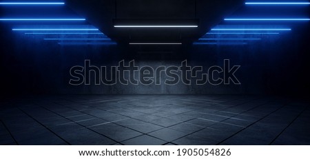 Sci Fi Futuristic Neon Blue Lasers Glowing Modern Simple Underground Realistic Light Glowing On Cement Concrete Dark Room Hangar Parking Car Showroom Tiled Floor Background 3D Rendering Illustration