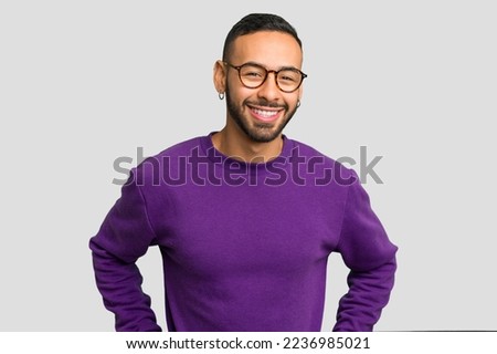 Image, Stock Photo Portrait of young cheerful female traveler wearing casual clothes carrying heavy backpack and luggage at airport.