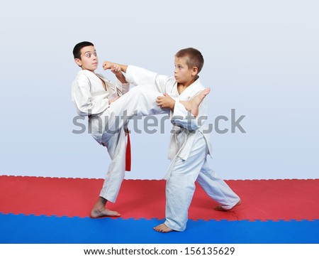 Boys with a red and white belt do paired exercises  karate