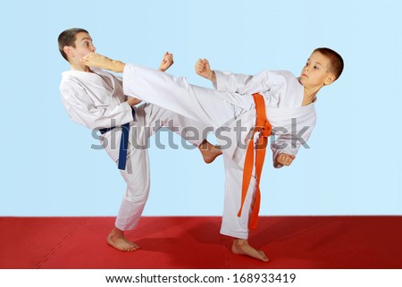 Paired exercises performed by athletes with blue and orange belt