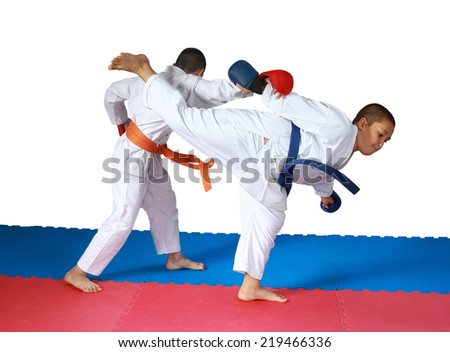 Sportsmen are doing paired exercises on a white background and on the red and blue mat