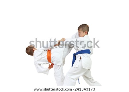 Sportsmen in karategi are doing paired exercises karate