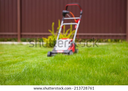 Cutting the grass with lawn mower