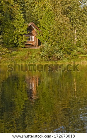 Sun lit cabin in the woods on the edge of a lake.