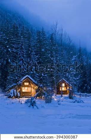 Similar – Image, Stock Photo Wooden cottages in winter forest at night