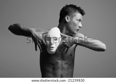 man with mask. black and white fashion art photo.