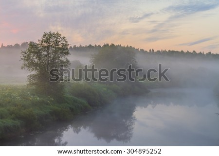 Foggy morning. Morning on the river bank in the village. bright colourful fine sunrise outdoors. Trees on the river bank in the foggy morning