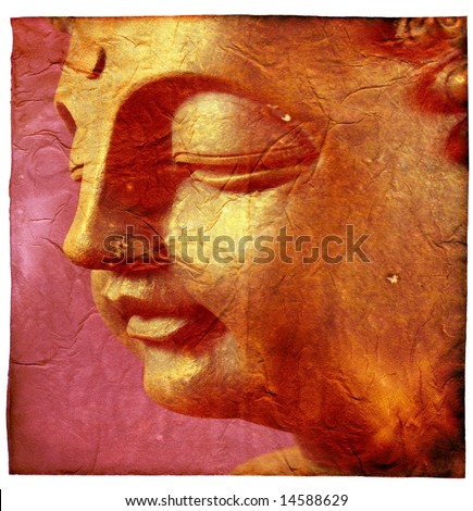 Old surface religious background with detail of the face from buddha in front of purple background texture