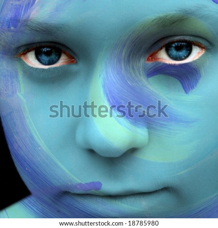 Abstract digital face collage with blue eyes for nature or art concept