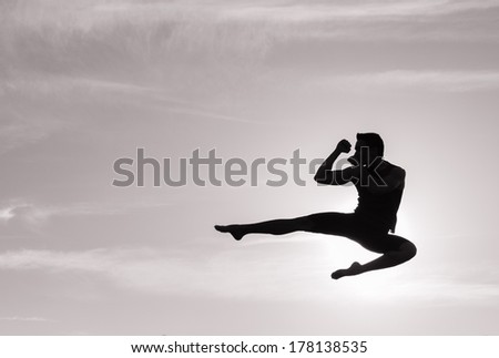 Man practicing martial arts. Silhouette of man jumping.