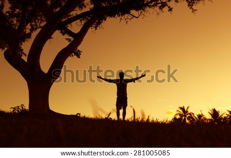 Silhouette of a man with hands raised in the sunset