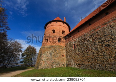 Red brick tower of castle wall in Trakai castle, Trakai, Lithuania