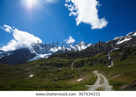 Mountain road to Rifugio Abruzzi while hiking to Matterhorn South face peak from Breuil-Cervinia, Italy