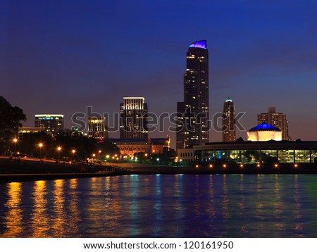 Chicago, Illinois cityscape by Lake Michigan at sunset