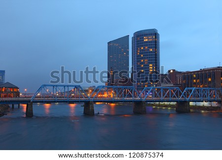 Grand Rapids cityscape by twilight night in Michigan