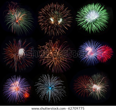 Set of fireworks in different colors and shapes