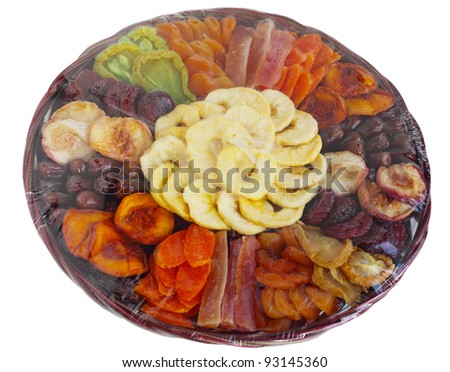 Dried Fruit of apricots, peaches, plums, dates, apples, mango, pineapple, papaya, cane sugar, pears, white peaches, yellow peaches, angelino plums