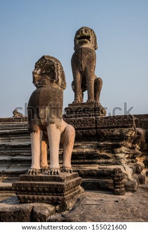 Angkor Wat Entrance Guardian Lions Sculpture. Tradition, Culture, Religion.  Cambodia, ASia.