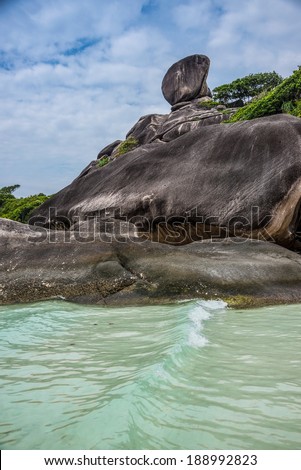 Perfect Crystal Clear Turquoise Sea and Iconic Rock at Similan Tropical Island. Thailand, Asia. South East Asia.