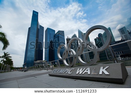 SINGAPORE - APRIL 14: Olympic rings in Marina Bay on April 14, 2012 in Singapore. The Singapore National Olympic Council  was founded in 1947 as SOSC, and subsequently renamed in 1970.