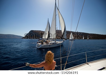 SARONIC GULF, GREECE - SEPTEMBER 24: Boats Competitors During of sailing regatta \