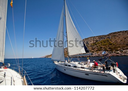 SARONIC GULF, GREECE - SEPTEMBER 24: Boats Competitors During of sailing regatta \