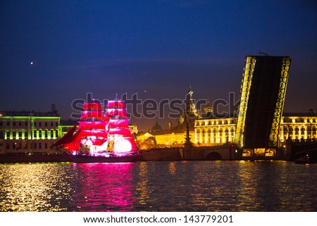 ST.PETERSBURG, RUSSIA - JUNE 24: Celebration Scarlet Sails show during the White Nights Festival, June 24, 2013, St. Petersburg, Russia. From 2010, public attendance grew to 3 million.