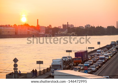 ST.PETERSBURG, RUSSIA - JUNE 25: Shortness of traffic due to repairs Greater Obukhov (cable-stayed) Bridge, Jun 25, 2013, St.Petersburg Russia. Congestion length of 6.3 km was formed on the Ring Road.