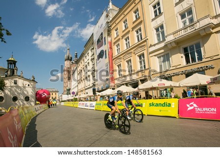 KRAKOW, POLAND - AUGUST 3: Unidentified participants of 70th Tour de Pologne cycling 7th stage race, August 3, 2013 in Krakow, Poland. Tour de Pologne, the biggest cycling event in Eastern Europe.
