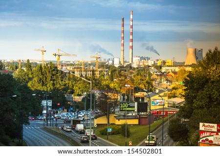 KRAKOW, POLAND - SEP 5: Top view of the industrial district, Sep 5, 2013 in Krakow, Poland. As of 2013 Krakow is the 4th industrial city in country, dominated metallurgy, tobacco and pharmaceuticals