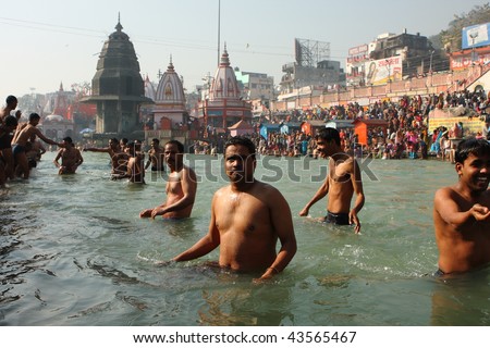 HARIDWAR, INDIA - JANUARY 14: People celebrate Makar Sankranti, huge Religious festival regarding Sun and Harvest at Ganges river January 14, 2009 in Haridwar, India.
