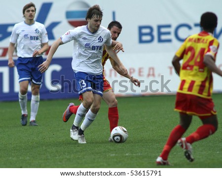 MOSCOW - MAY 15: Dinamo's defender Vladimir Granat (C) in a game of the 11th round of Russian Football Premier League - Dinamo Moscow vs. Alania Vladikavkaz - 2:0, May 15, 2010 in Moscow, Russia.