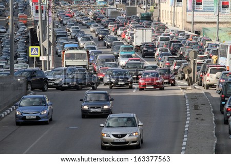 MOSCOW - APR 29: Cars stands in traffic jam on the city center, April 29, 2011, Moscow Russia. In Moscow continues rapid growth cars park, now more than 380 cars per 1,000 inhabitants.
