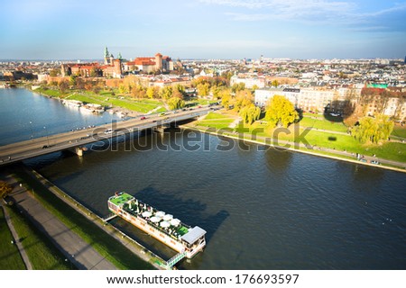 KRAKOW, POLAND - OCT 20, 2013: Aerial view of the Vistula River in the historic city center. Vistula is the longest river in Poland, at 1,047 kilometres in length.