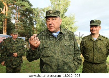 BUDIHINO, RUSSIA - AUG 26, 2010: Vladimir Shamanov - Commander-in-Chief Russian Airborne Troops during Command post exercises with 98-th Guards Airborne Division in Kostroma region.